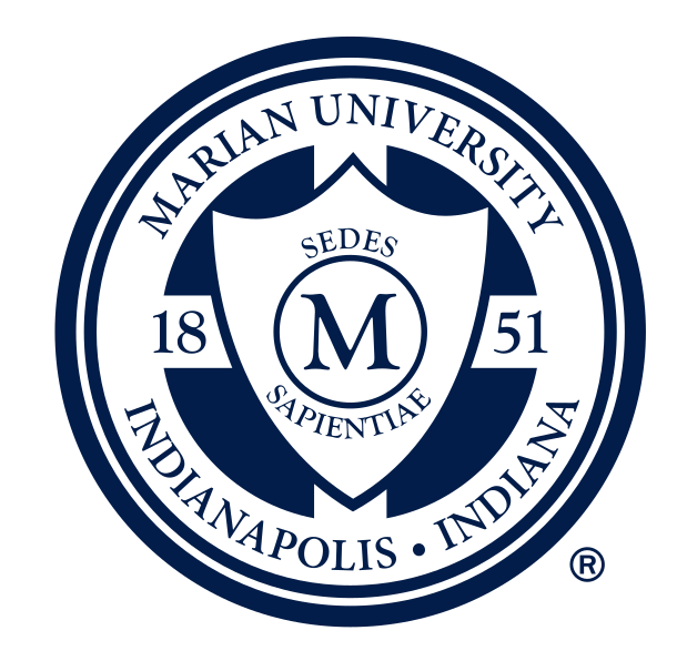 Marian University seal, blue/gold variant, cell 15