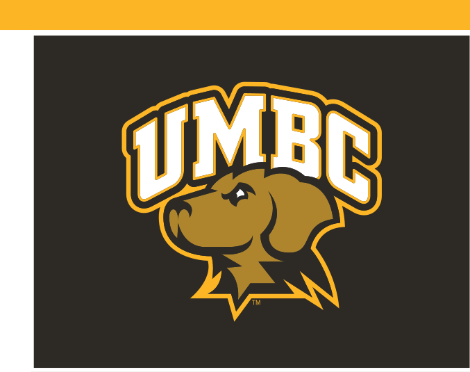 UMBC Retriever head with wordmark, full color on black variant, cell 2