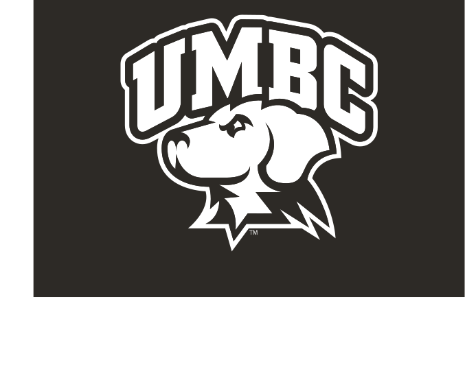 UMBC Retriever head with wordmark, 1-color white on black variant, cell 11