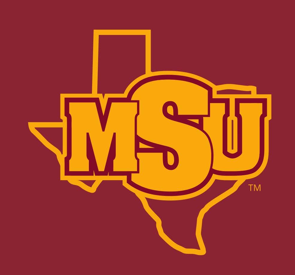 MSU lettermark with Texas state outline, gold on maroon variant, cell 10
