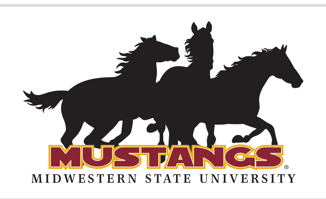 Three running horses with Mustangs wordmark lockup, black and maroon/gold variant, cell 15