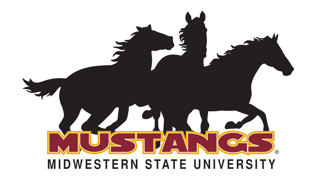 Three running horses with Mustangs wordmark lockup, black and maroon/gold variant, cell 16