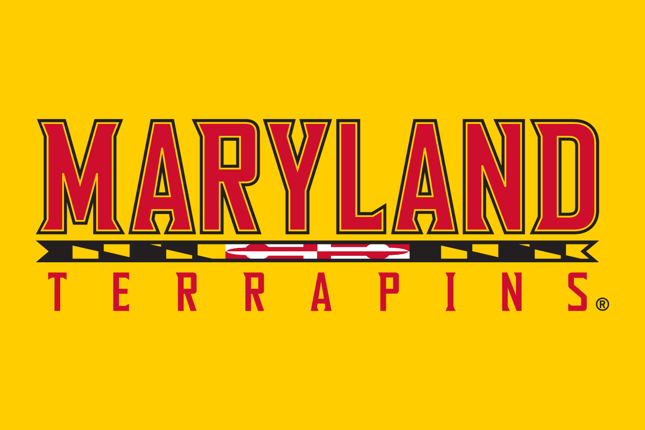 'MARYLAND TERRAPINS' wordmark with flag pattern, red/white/black on yellow variant, cell 16