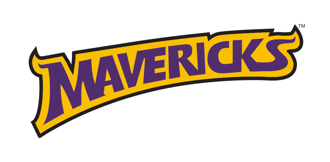 Mavericks wordmark, purple with yellow outline and black shadow variant, cell 18