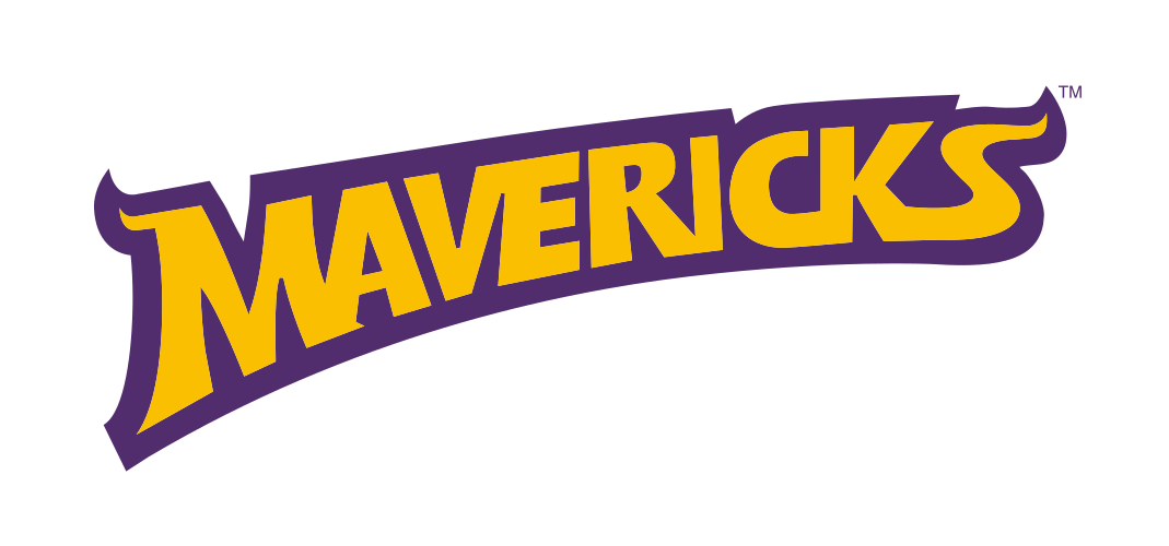 Mavericks wordmark, yellow with purple outline and purple border variant, cell 22