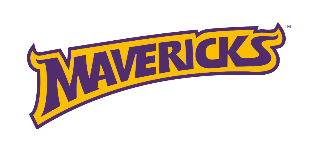 Mavericks wordmark, purple with yellow outline and purple border variant, cell 25