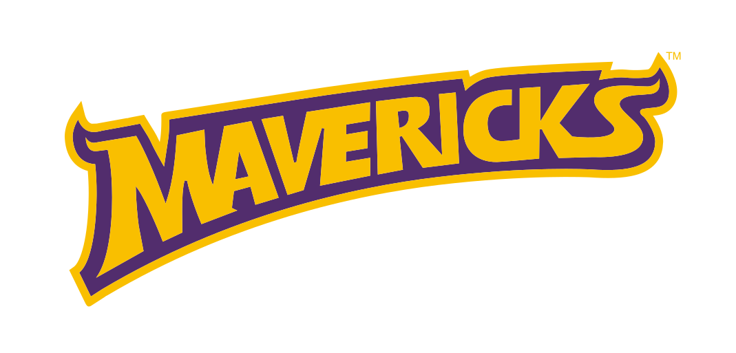 Mavericks wordmark, purple with yellow outline and purple border variant, cell 26