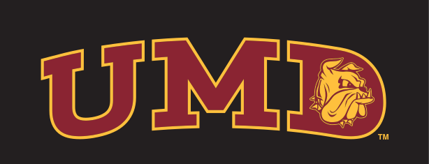 UMD wordmark with bulldog head, maroon/gold, black background variant