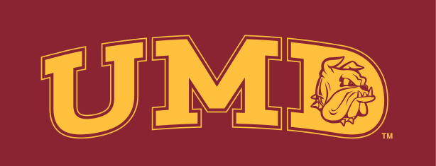UMD wordmark with bulldog head, gold/maroon, maroon background variant