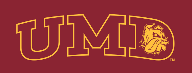 UMD wordmark with bulldog head, gold outline, maroon background variant