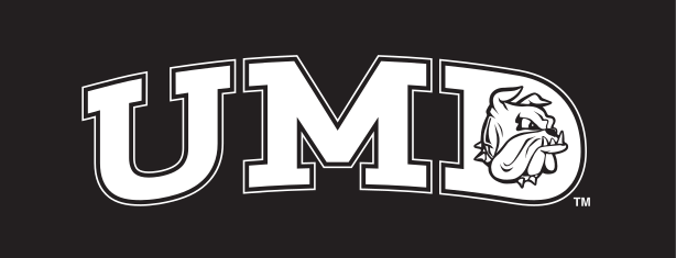 UMD wordmark with bulldog head, white/black, black background variant