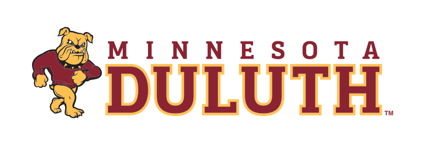 Bulldog mascot with Minnesota Duluth wordmark lockup, full color on white variant