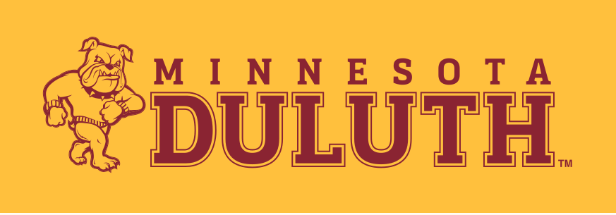 Bulldog mascot with Minnesota Duluth wordmark lockup, maroon outline on gold variant