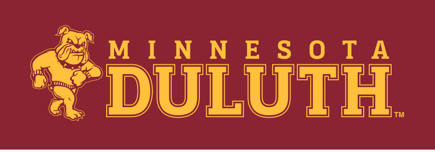 Bulldog mascot with Minnesota Duluth wordmark lockup, gold outline on maroon variant