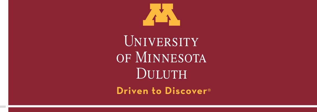 University of Minnesota Duluth logo, stacked with M icon and tagline, gold on maroon variant