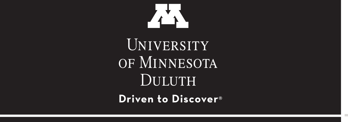 University of Minnesota Duluth logo, stacked with M icon and tagline, white on black variant