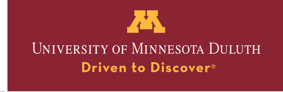 University of Minnesota Duluth logo, horizontal wordmark with M icon and tagline, gold on maroon variant