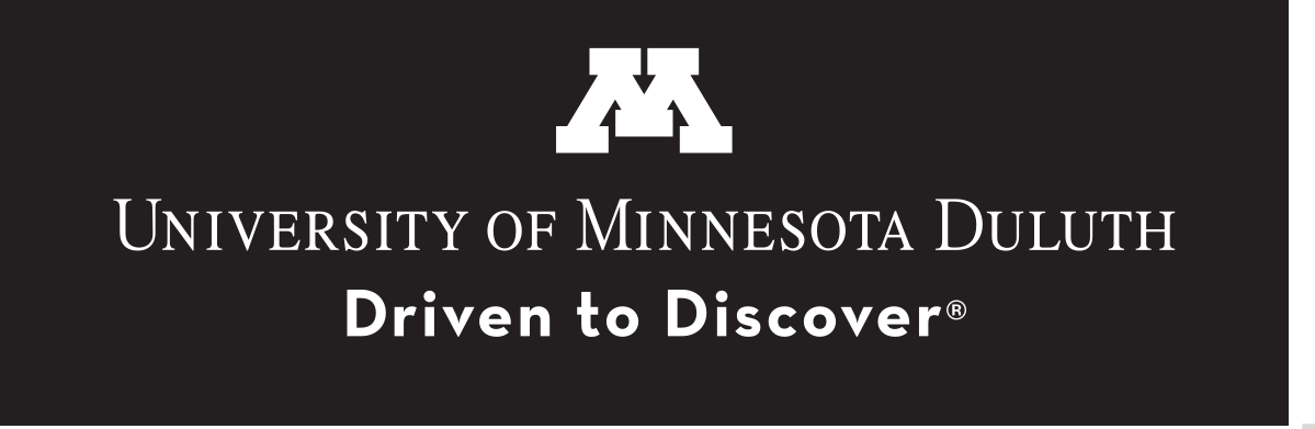 University of Minnesota Duluth logo, horizontal wordmark with M icon and tagline, white on black variant