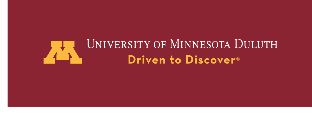 University of Minnesota Duluth logo, single line with M icon and tagline, gold on maroon variant