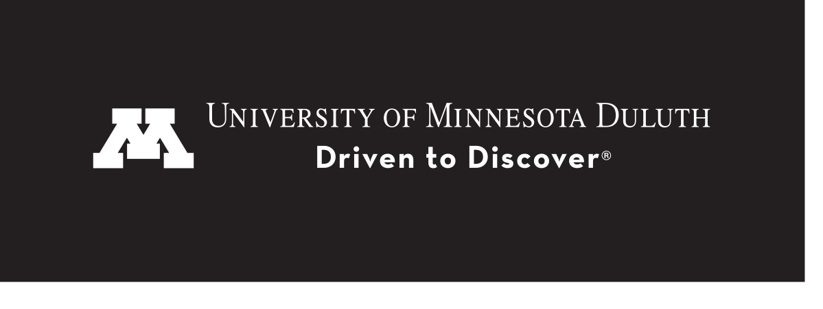 University of Minnesota Duluth logo, single line with M icon and tagline, white on black variant