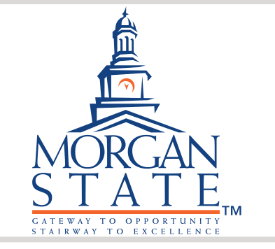 clock tower logo, stacked, Morgan State with tagline, blue/orange variant, cell 64