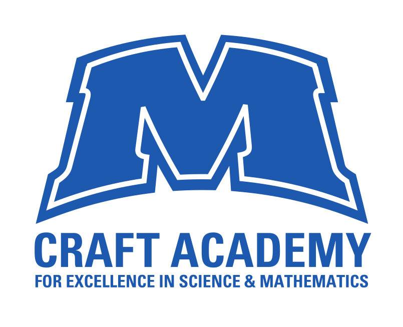 Craft Academy logo, blue and white, vertical lockup variant, cell 48