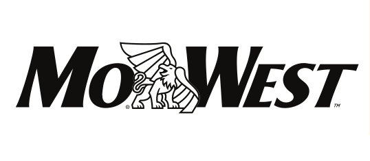 MO WEST wordmark with griffon icon, black/white on white variant, cell 3
