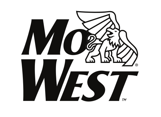 MO WEST stacked wordmark with griffon icon, black/white on white variant, cell 16