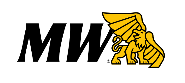 MW lettermark with griffon icon, gold/black on white variant, cell 17