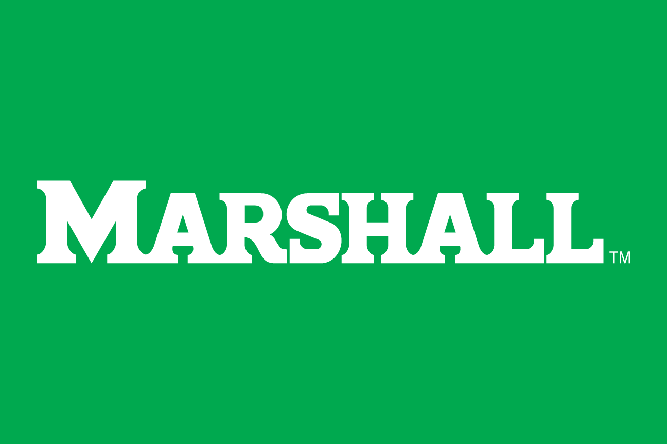MARSHALL wordmark, white on green variant, cell 20