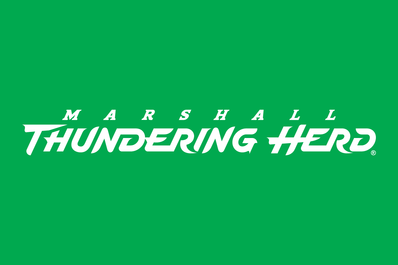 MARSHALL THUNDERING HERD wordmark, white on green variant, cell 23