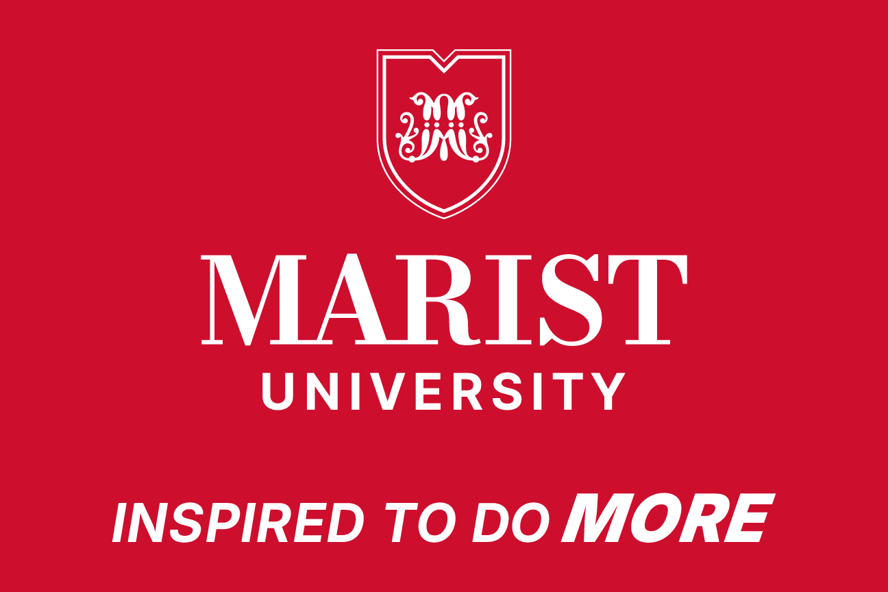 Marist University tagline lockup, stacked, white on red variant, cell 72