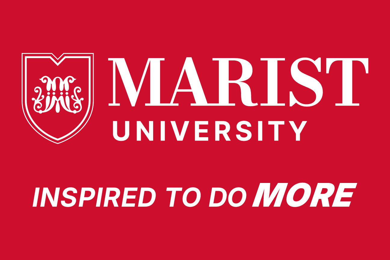 Marist University tagline lockup, horizontal, white on red variant, cell 73