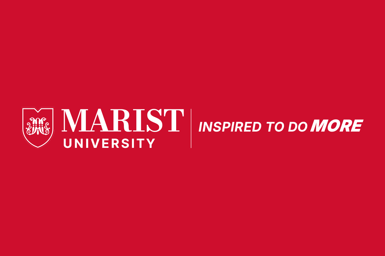 Marist University tagline lockup, horizontal with line, white on red variant, cell 74