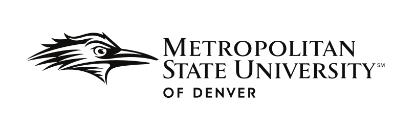 Metropolitan State University of Denver logo, horizontal, black/white variant, cell 9