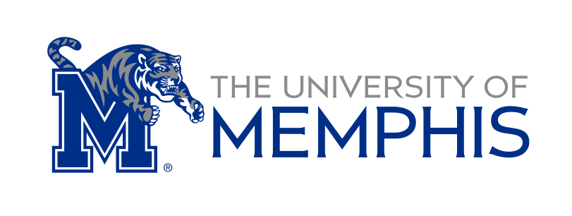 University of Memphis logo, tiger head with wordmark, blue/gray variant, cell 20