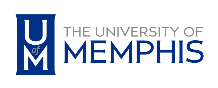 University of Memphis logo, U of M lettermark with wordmark, horizontal, blue/gray variant, cell 24