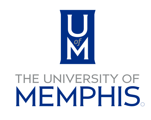 University of Memphis logo, U of M lettermark with wordmark, stacked, blue/gray variant, cell 36