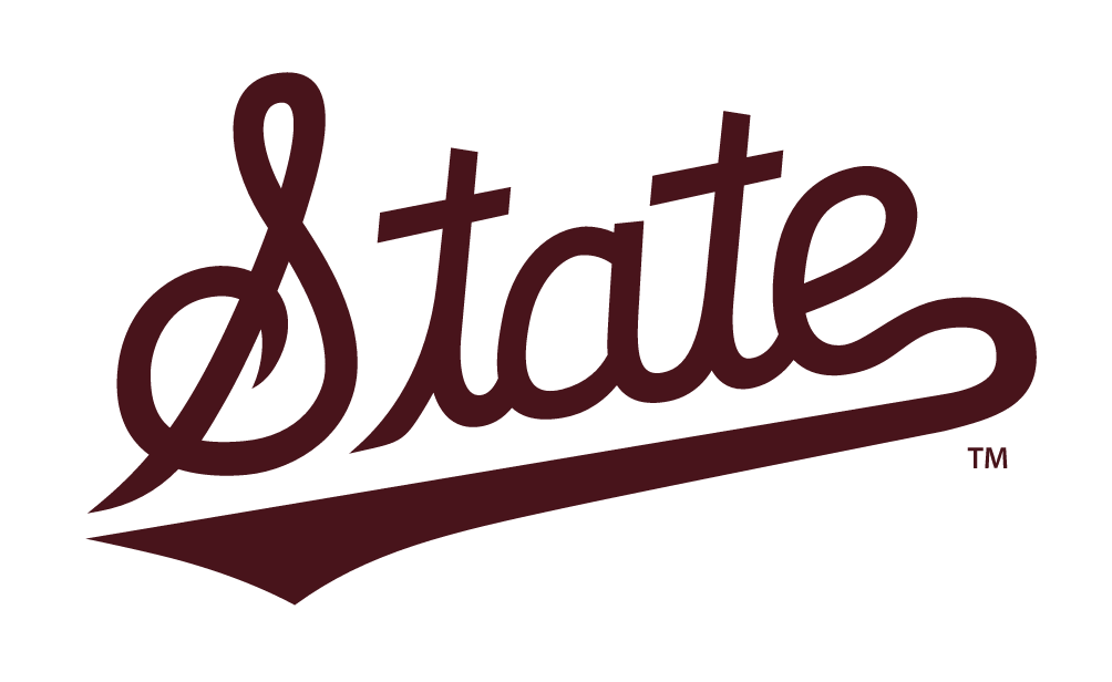 State script wordmark, maroon text, white outline variant, cell 7