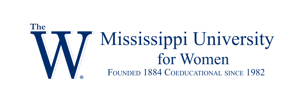 The W Mississippi University for Women lockup, horizontal, blue variant, cell 20