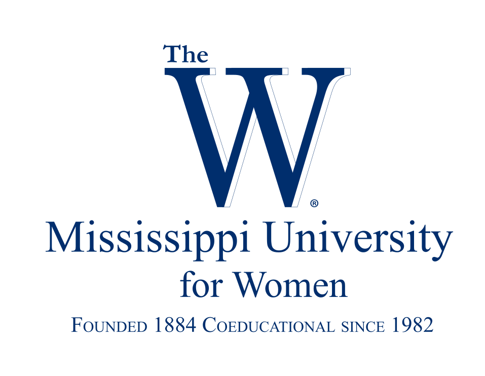 The W Mississippi University for Women lockup, stacked, blue variant, cell 23