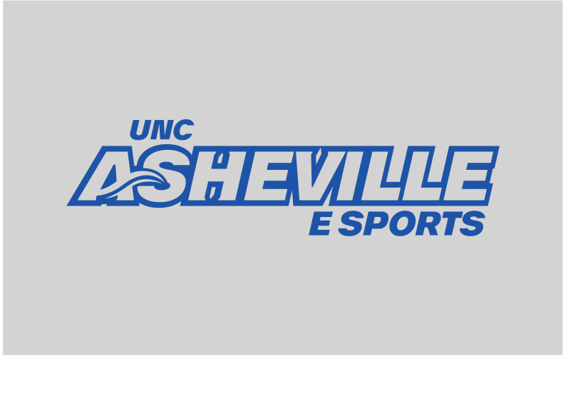 UNC Asheville E Sports wordmark, blue with white outline on grey background variant, cell 92