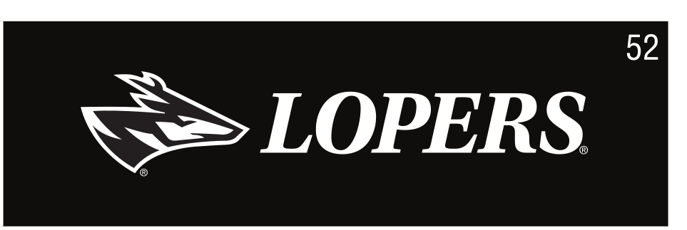 Lopers horizontal lockup, white on black variant, cell 52