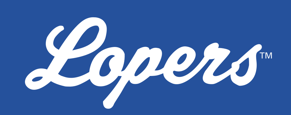 Lopers script wordmark, white on blue variant, cell 74