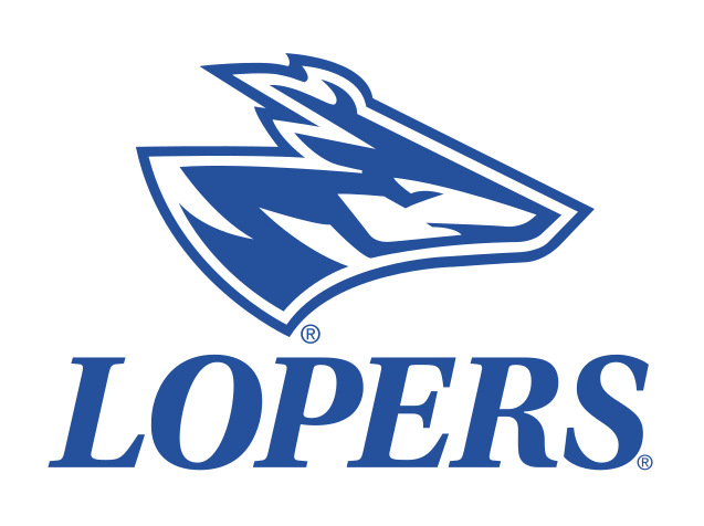 Loper head with wordmark, blue on white variant, cell 77