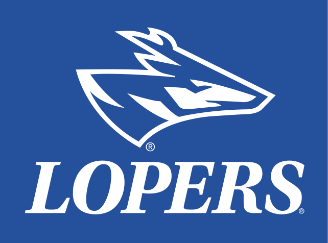 Loper head with wordmark, white on blue variant, cell 78