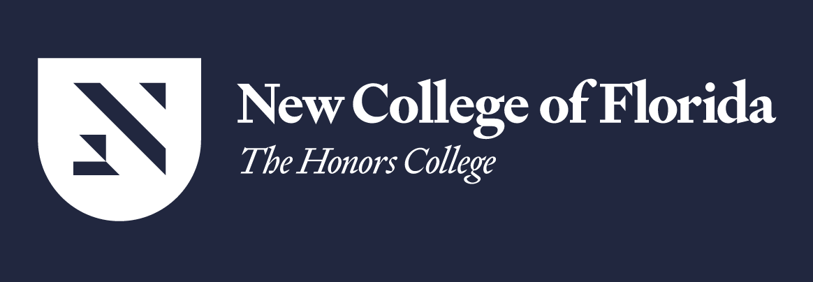 New College of Florida logo, horizontal, white on navy variant, cell 10