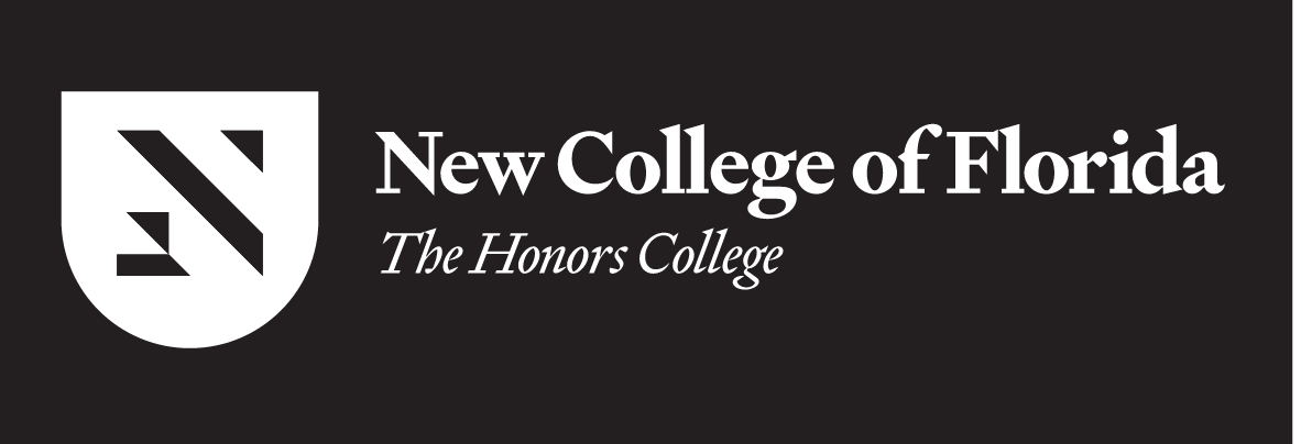 New College of Florida logo, horizontal, white on black variant, cell 13