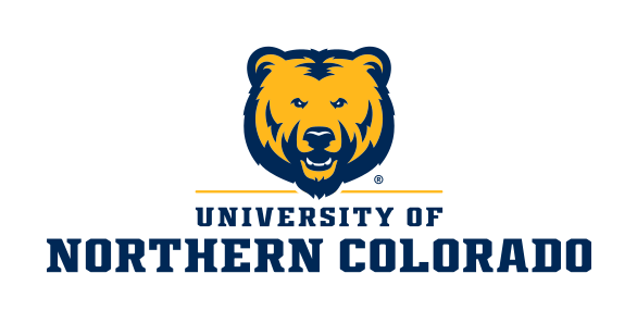 Bear mascot head and University of Northern Colorado wordmark lockup, blue variant, cell 17