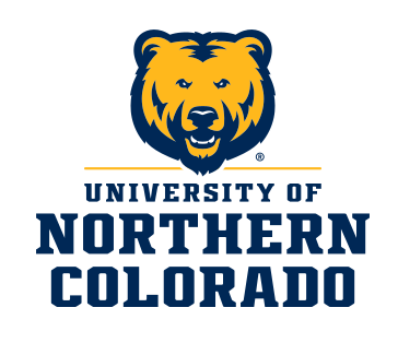 Bear mascot head and University of Northern Colorado wordmark lockup, blue with gold outline variant, cell 18